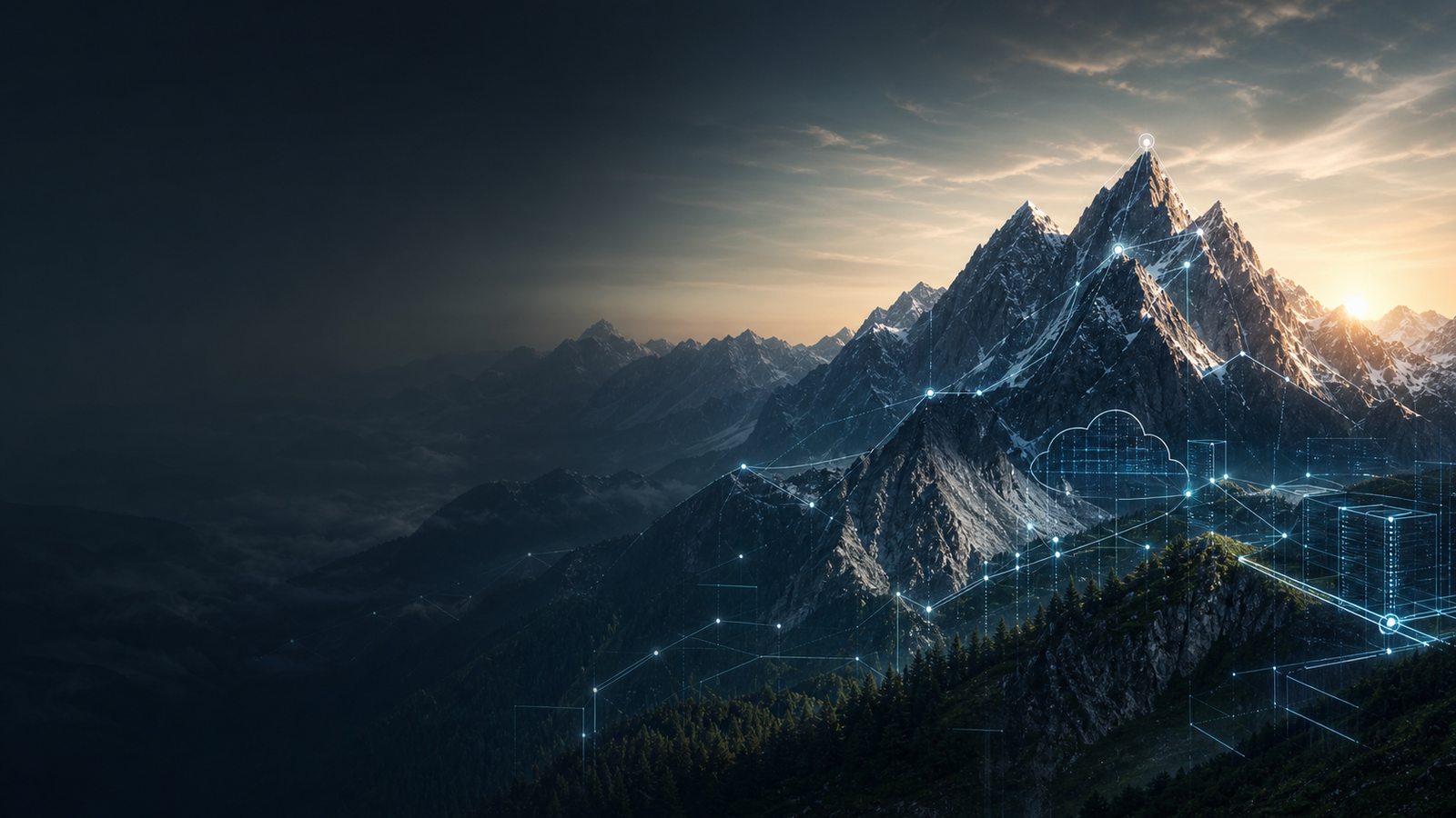 Mountain peaks connected with cloud and data infrastructure overlays
